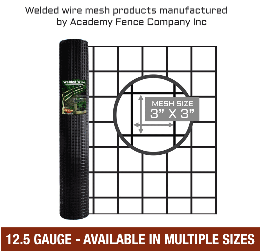3"x3" 12.5 gauge black vinyl coated welded wire roll - Mulitiple sizes available
