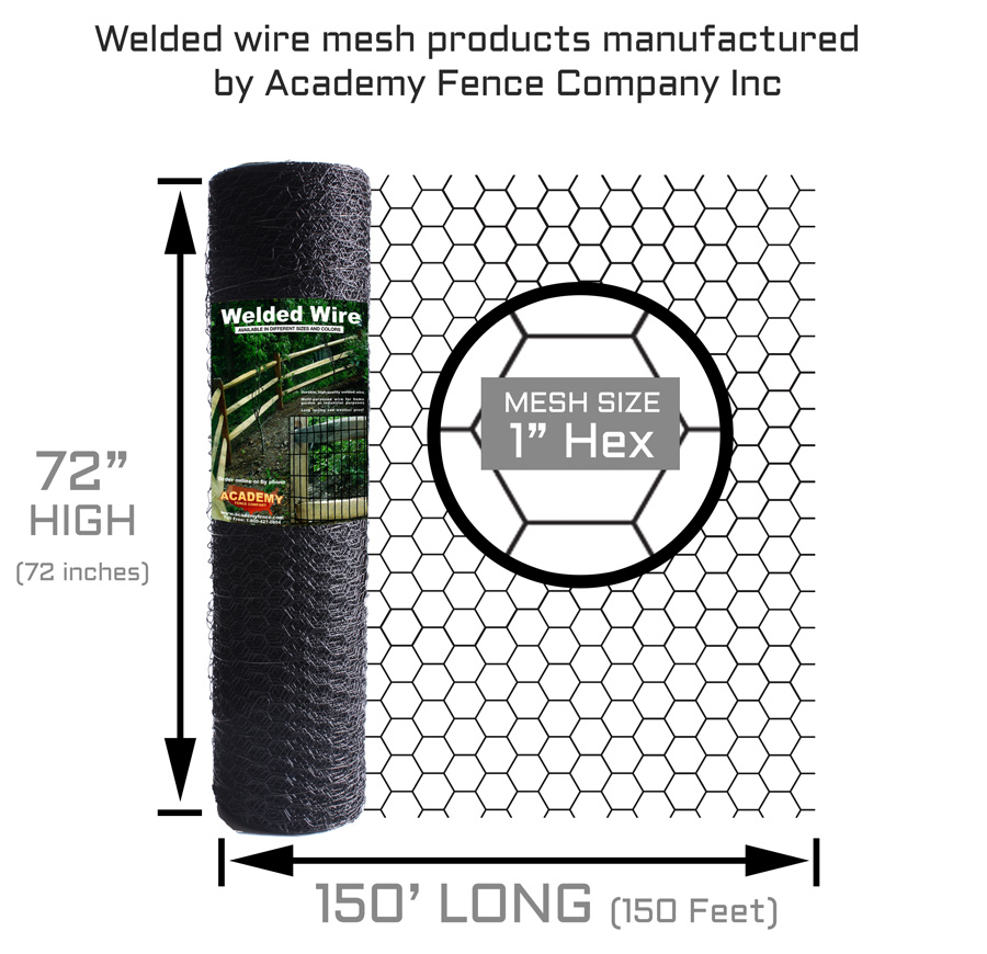 Hex netting or chicken wire roll. Dimensions:72x150 - Wire gauge: 1" Hexagon - color: black